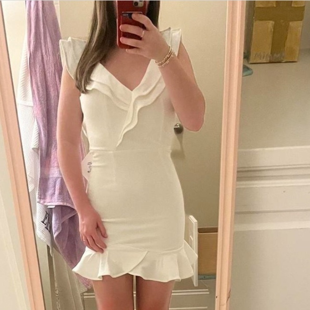 ASOS White Ruched Ruffled Mini Dress - Picture 2 of 2